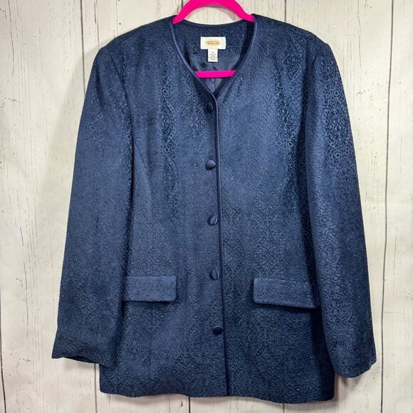 Vintage Talbots Navy Jacquard Silk Trim Blazer Classic Elegant Quiet Luxury - Picture 1 of 13